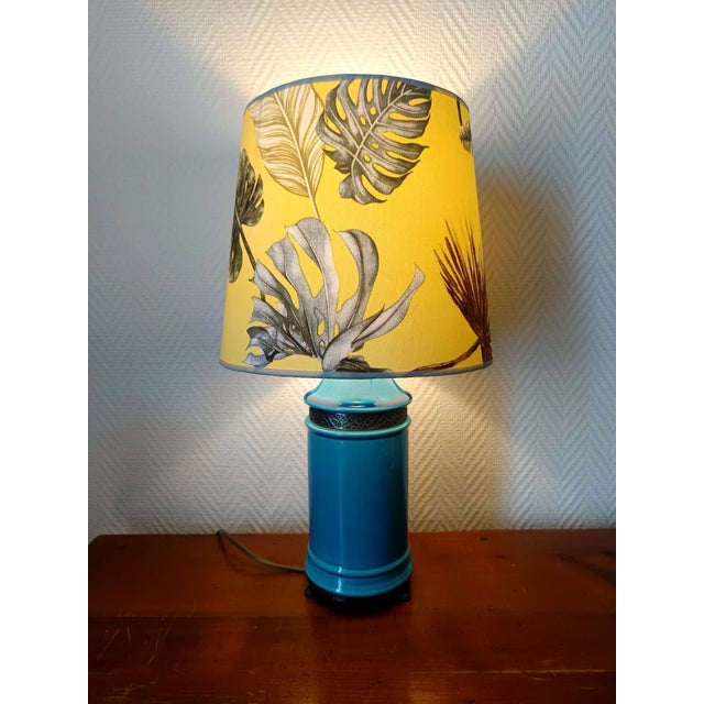 Blue Ceramic Lamp with Claw Feet and Foliage Lampshade, 1960s For Sale - Image 3 of 14