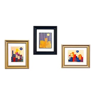 Set of Three Limited-Edition Late 20th-Century Modern Giclée Signed Prints of City Buildings Under Moon For Sale