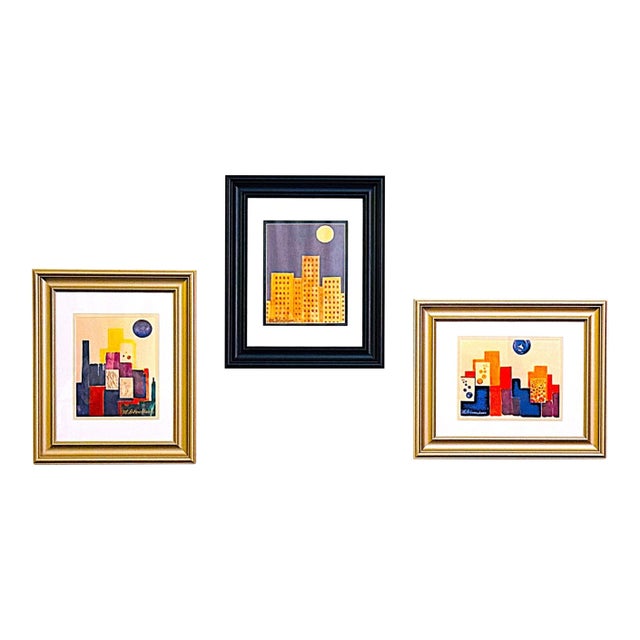 Set of Three Limited-Edition Late 20th-Century Modern/Abstract Signed Prints of City Buildings Under Moon For Sale
