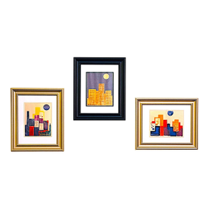 Set of Three Limited-Edition Late 20th-Century Modern/Abstract Signed Prints of City Buildings Under Moon