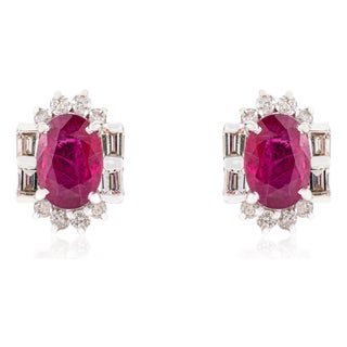 Mozambique Oval Ruby Diamond Halo Stud Earrings in 14k White Gold- 2 Pieces For Sale