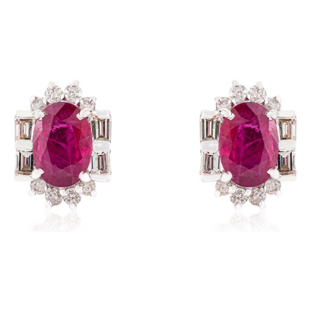 Mozambique Oval Ruby Diamond Halo Stud Earrings in 14k White Gold- 2 Pieces For Sale