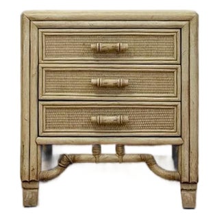 Mid 20th Century Ficks Reed Style Faux Bamboo Nightstand Beige Coastal Hollywood Regency Bedside Table For Sale