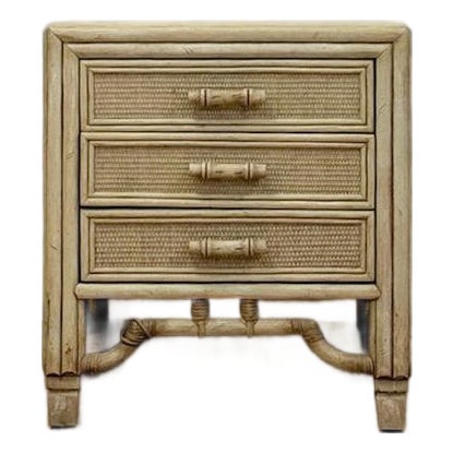 Mid 20th Century Ficks Reed Style Faux Bamboo Nightstand Beige Coastal Hollywood Regency Bedside Table For Sale