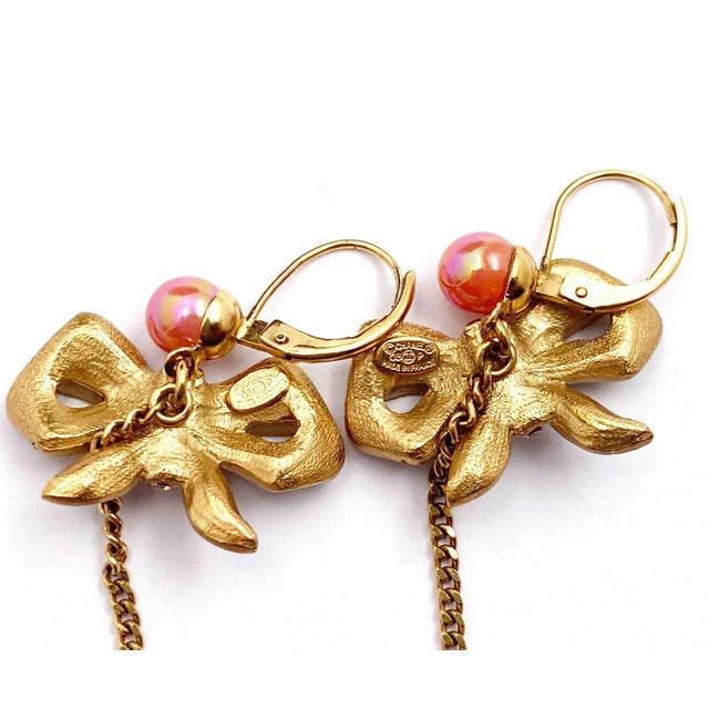 Chanel Chanel Vintage Gold Plated Ribbon Crystal Coral CC Dangle Lever Back Earrings - 2 Pieces For Sale - Image 4 of 4