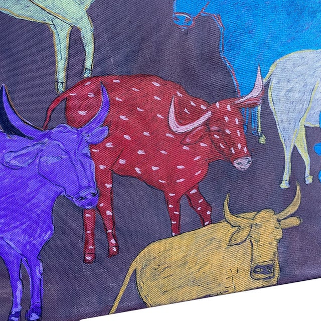 Midnight Herd – Original Colorful Cow Acrylic Painting on Raw Canvas, 24x24 Folk Art by Tatiana Duperault For Sale - Image 4 of 5