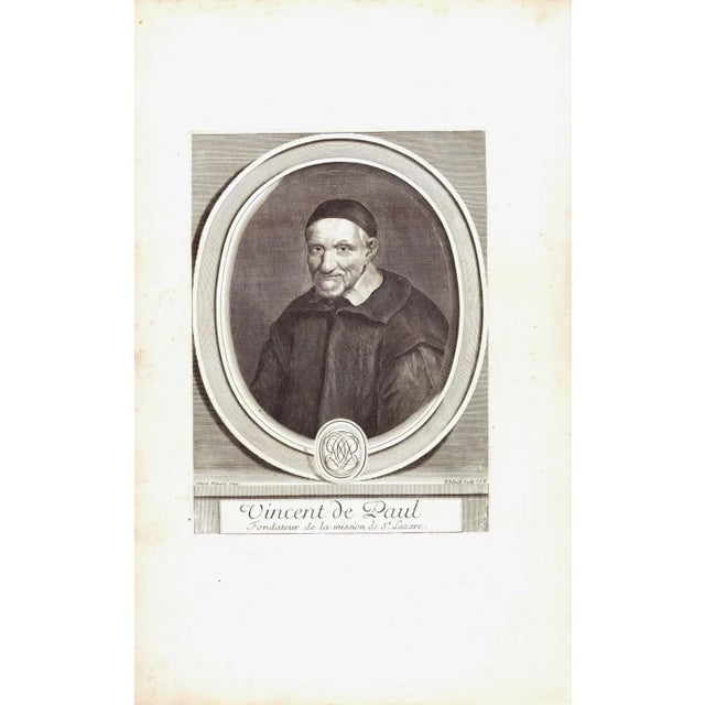 This is a 17th century portrait engraving of Saint Vincent de Paul by Gerard Edelinck (1640-1707) after a painting by...