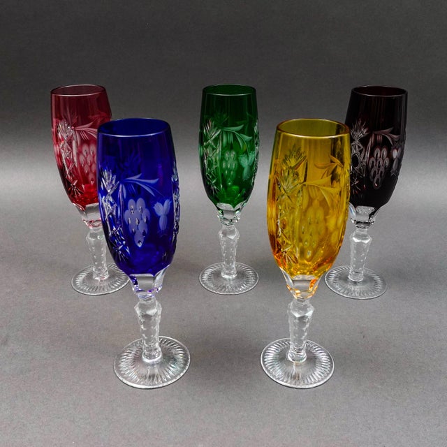Mid 20th Century Ajka Marsala Cut to Clear Crystal Champagne Flutes Glasses- Set of 5 For Sale - Image 4 of 7