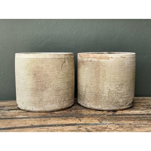 Vintage Ribbed Cement Planters - Pair For Sale - Image 9 of 10