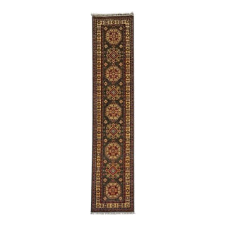 Charcoal Gray, Cream and Red Kazak Wool Runner Rug, 2'8" X 13' For Sale