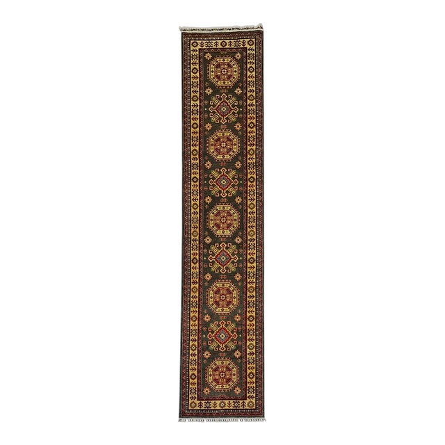 Charcoal Gray, Cream and Red Kazak Wool Runner Rug, 2'8" X 13' For Sale
