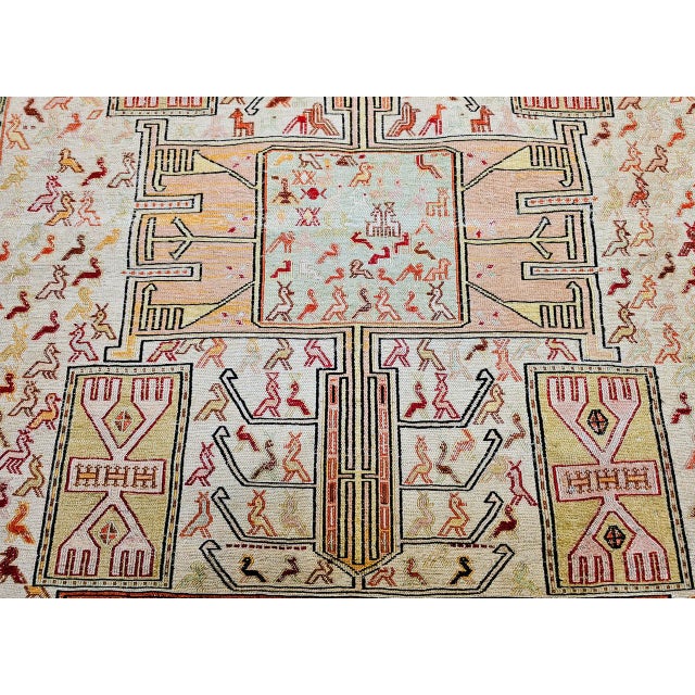 Vintage Persian Shahsavan Soumak Tribal Rug, Handwoven Wool & Silk, Geometric Pattern, Ivory & Red, 4x7 For Sale - Image 14 of 18