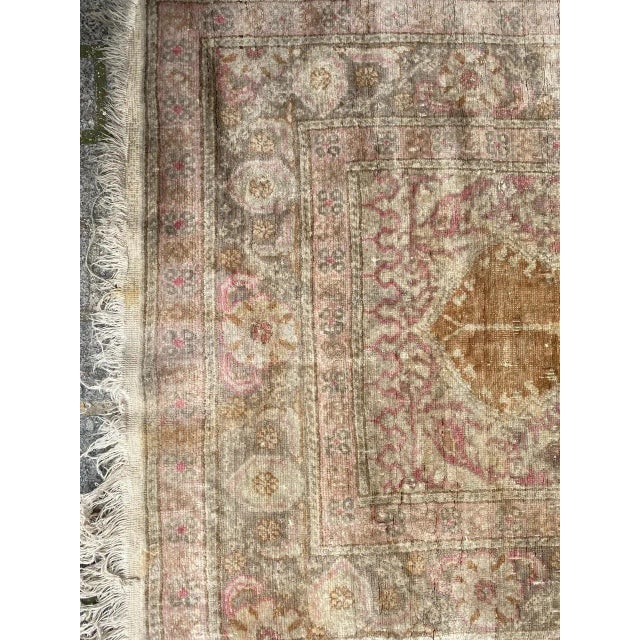 Pretty mid-century silk Turkish rug from Kayseri, with beautiful mihrab design and nice light and faded colors, entirely...