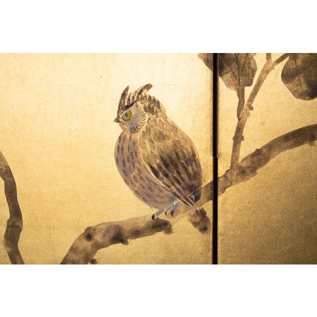 "Owl Family" by Shunko, Late Showa Painted Japanese Byobu Screen For Sale - Image 10 of 18