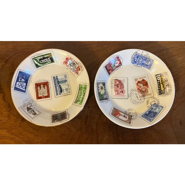 Mid 20th Century Mid-Century Modern Richard Ginori Italian Porcelain Dishes Decorated With World Postage Stamps - a Pair For Sale - Image 5 of 11