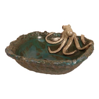 Signed Sculptural Studio Pottery Hand-Formed Octopus Ceramic Bowl Ocean-Inspired Dish With Teal Blue Textured Glaze For Sale