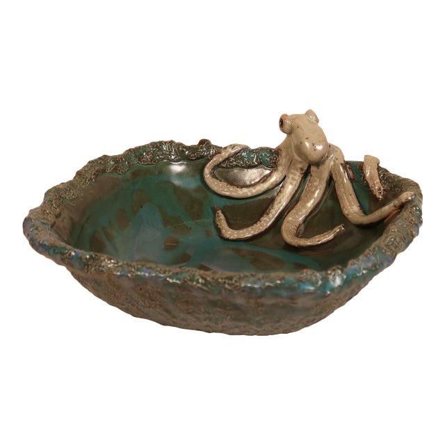 Signed Sculptural Studio Pottery Hand-Formed Octopus Ceramic Bowl Ocean-Inspired Dish With Teal Blue Textured Glaze For Sale
