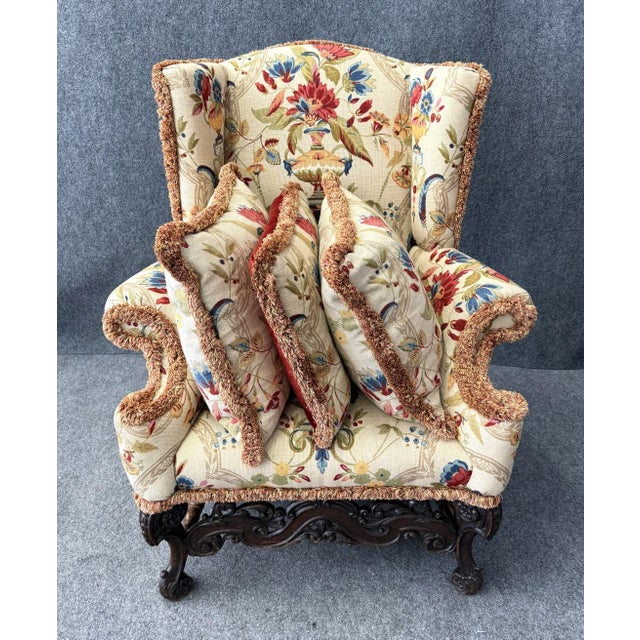 Wood Early 1800s Wingback Arm Chair With Floral Motif For Sale - Image 7 of 12