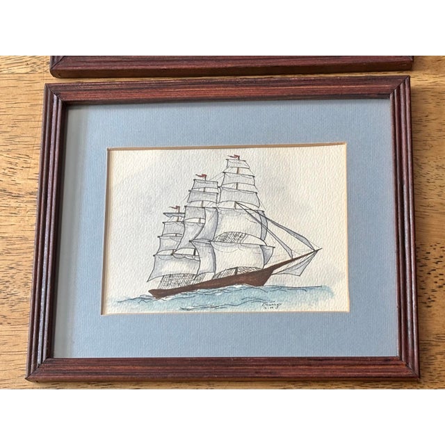 1970s Original 1979 Pair of Nautical Clipper Ship Paintings in Pen, Ink, & Watercolor For Sale - Image 5 of 9
