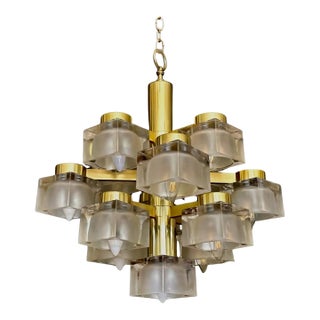 Sciolari 13 Light Ice Cube Glass Brass Chandelier For Sale