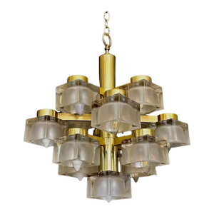 Sciolari 13 Light Ice Cube Glass Brass Chandelier