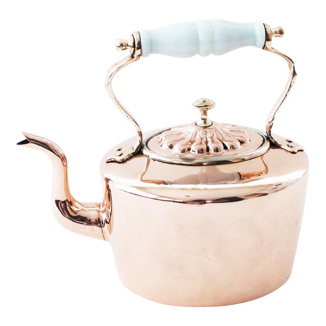 Antique Copper English Fancy Tea Kettle With Porcelain Handle, Circa