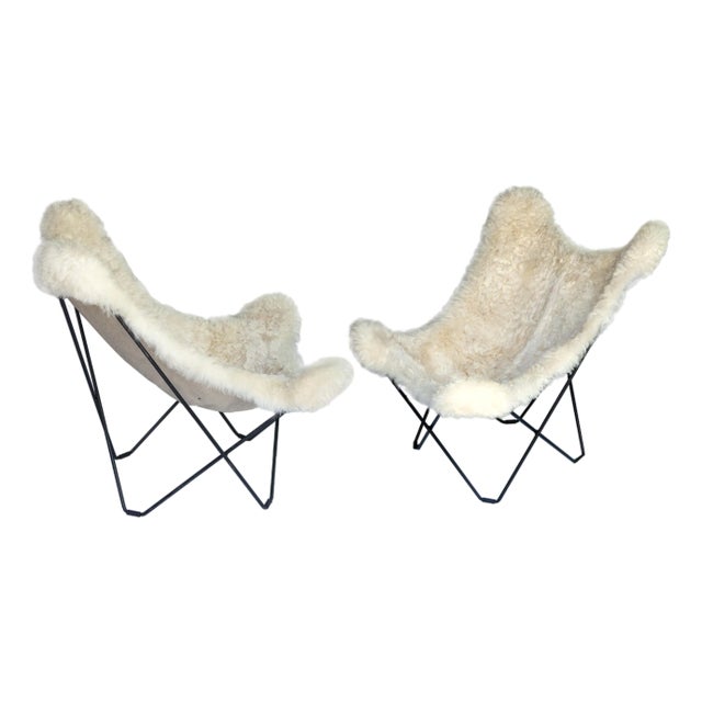 Pr. Vintage Cuero Butterfly Chairs W/Shearling Covered Seats For Sale