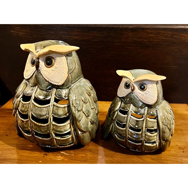 Vintage Japanese Mottled Glazed Stoneware Owl Candle Lanterns, 1970s, Set of 2 For Sale - Image 4 of 11
