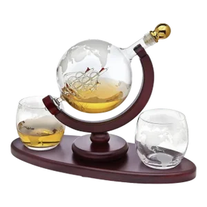 Modern Whiskey Decanter Globe Set With 2 Etched Whiskey Glasses Royal Reserve Bar Accessory in Box