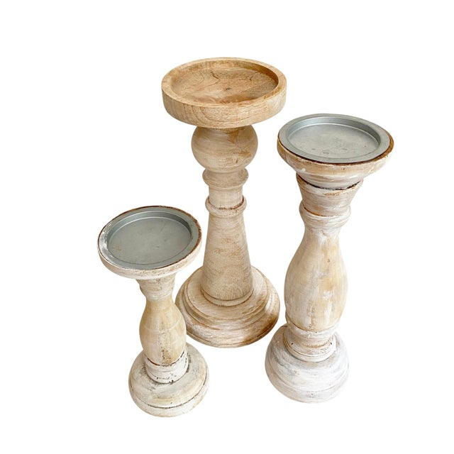 Shabby Chic White Washed Shabby Chic Wooden Pillar Candle Holders - Set of 3 For Sale - Image 3 of 5
