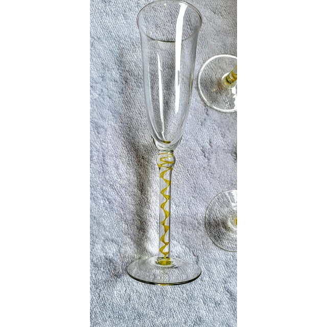 Mid 20th Century Mid 20th Century Yellow Swirl Stemmed Champagne Flutes, Unnamed- Set of 4 For Sale - Image 5 of 12