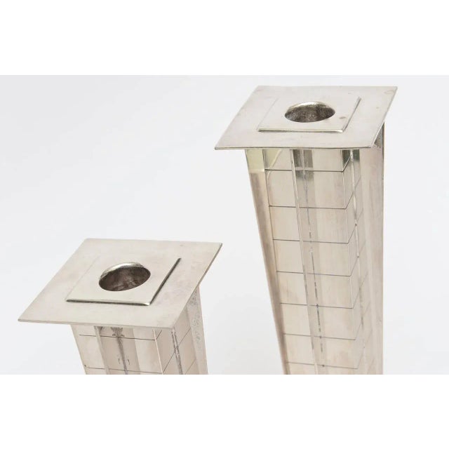 Vintage Silver- Plate Deco Style "Skyscraper" Candlesticks Pair of 60's For Sale - Image 9 of 10