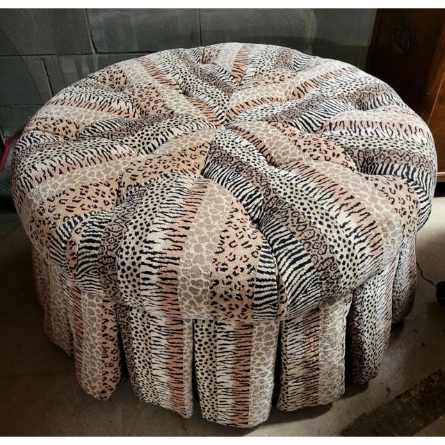 Tan Custom Animal Print Tufted Skirted Ottoman Cocktail Table With Matching Pillow For Sale - Image 8 of 8