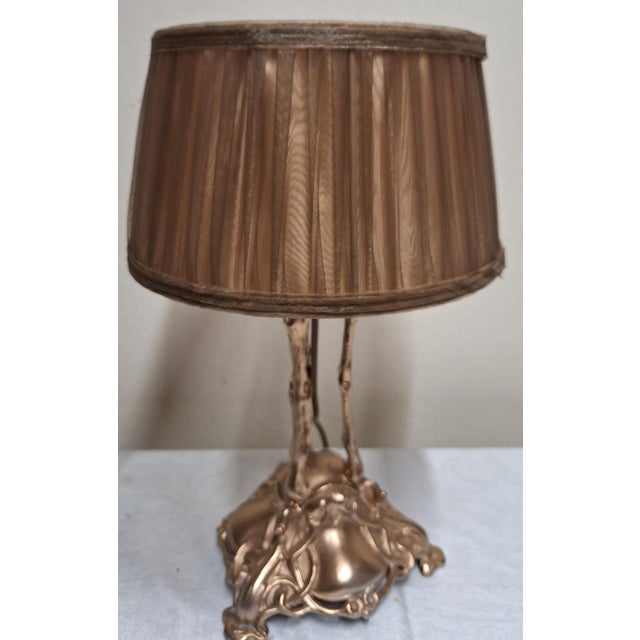 Goldenrod Antique Art Nouveau Table Lamp with an Openwork Bronze-Painted Metal Base and Handmade Fabric Shade from Lamplove, 1890s For Sale - Image 8 of 12
