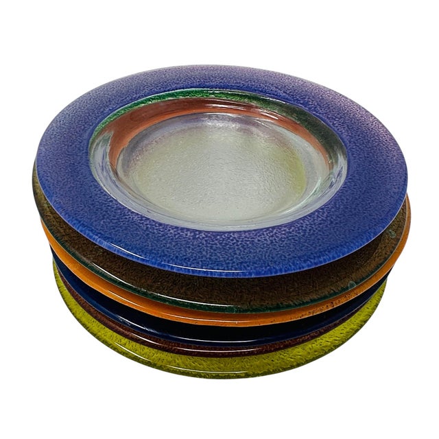 Vintage 80s Mexican Glass Bread Plates - Set of 6 Colorful Textured Rim 5.25" Small Appetizer Side Dishes - Fused Glass For Sale In Tampa - Image 6 of 18