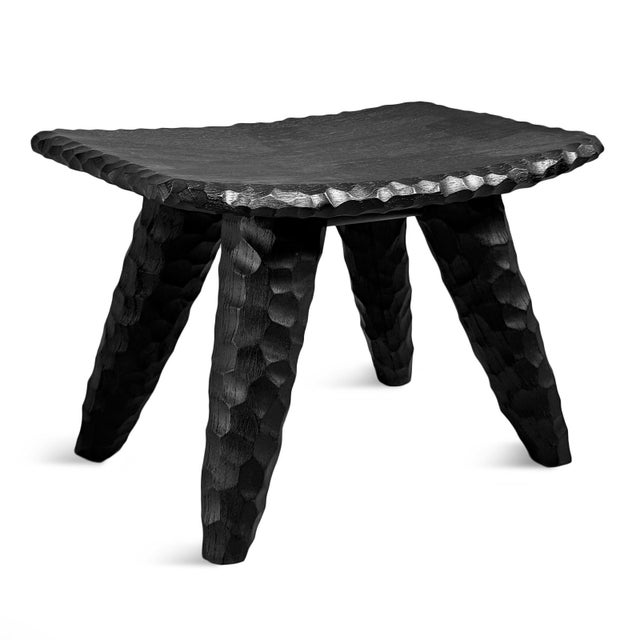 Modern Tribal Black Chiseled Leg Wood Low Stool For Sale In Los Angeles - Image 6 of 12