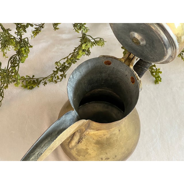 Large Antique Hand Crafted Arabian Dallah Coffee Urn 16" Middle Eastern Brass Plated Coffee Pot Hinged Lid Hand Woven Leather Handle Worn For Sale - Image 14 of 15