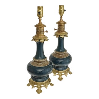 Pair Antique Table Lamps Majolica Bronze Mounted French Persian Orientalist Style Teal For Sale