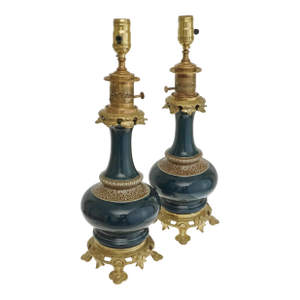 Pair Antique Table Lamps Majolica Bronze Mounted French Persian Orientalist Style Teal