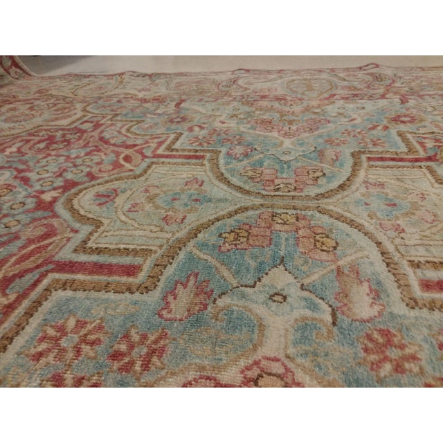 Persian Antique Kerman Handmade Persian Wool Light Blue, Beige & Coral Rug For Sale - Image 3 of 10