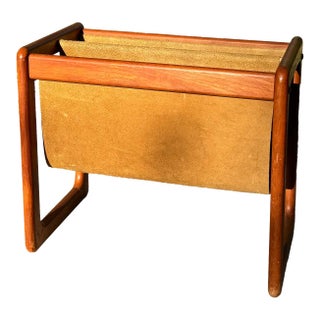 Vintage Newspaper Holder Magazine Rack Aksel Kjersgaard Teak & Suede For Sale