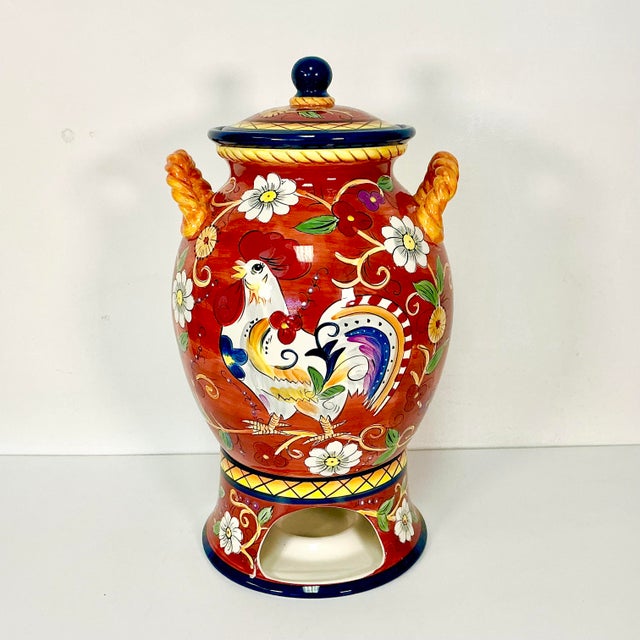 1980s Vintage Mediterranean Italian Style Boho Chic Ceramic Beverage Dispenser & Heating Base - 3 Piece Set. For Sale - Image 9 of 12
