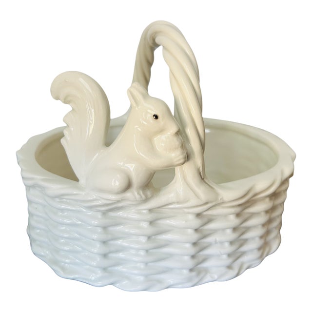 Vintage Italian White Ceramic Squirrel Basket Bowl – Handcrafted Stoneware Candy Dish For Sale