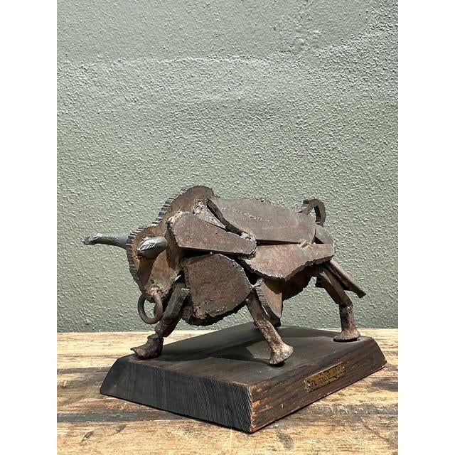 Wood Vintage 1971 Brutalist Torch Cut Steel Bull For Sale - Image 7 of 12