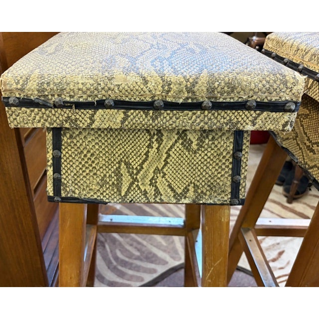 Mid Century Faux Snakeskin Upholstered Wood Stools - Signed For Sale - Image 10 of 15