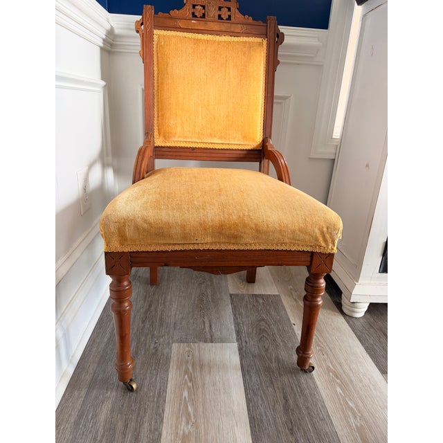 Antique Eastlake Walnut Parlor Chair, Circa 1880s Victorian With Brass Casters For Sale - Image 9 of 12
