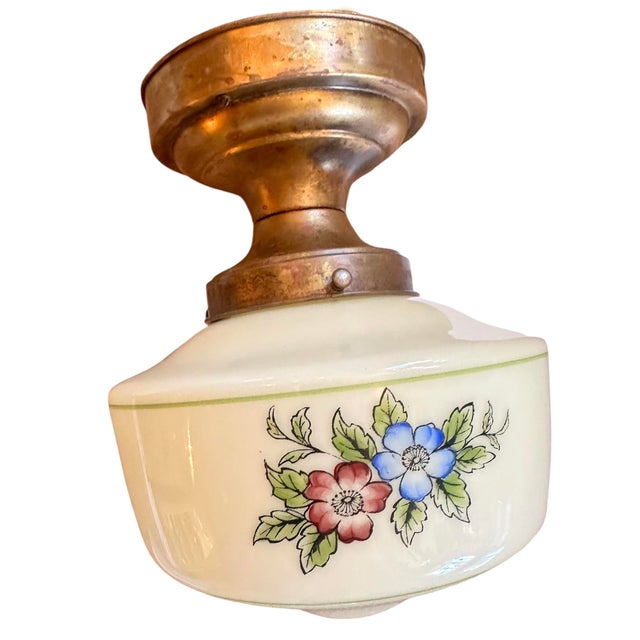 American 1920s Painted Botanical Glass Flushmount on Old Brass Holder For Sale - Image 3 of 6