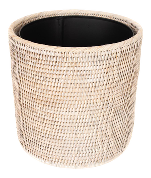 Artifacts Rattan Round Waste Basket with Metal Liner in White Wash - 11"