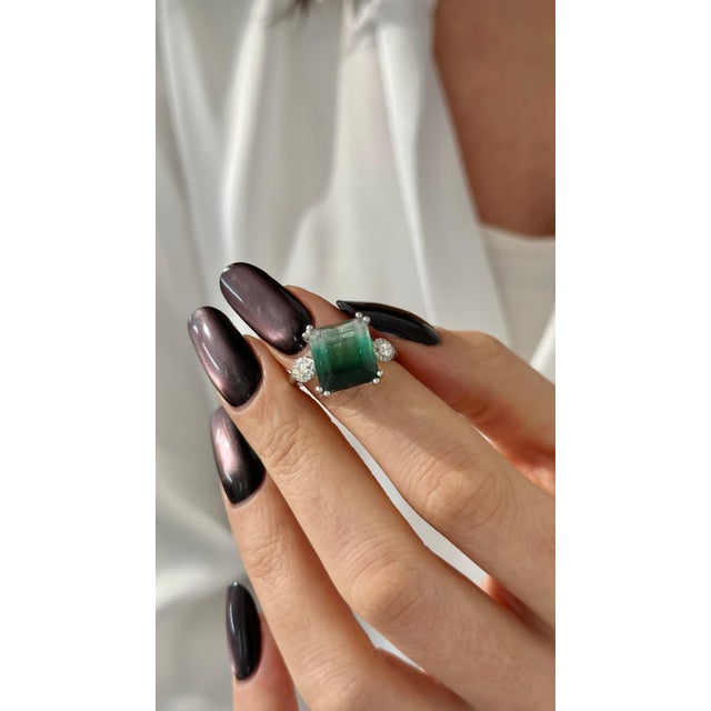 Green Natural Tourmaline Diamond Ring Size 7 14k W Gold 8.5 TCW Certified For Sale - Image 8 of 16