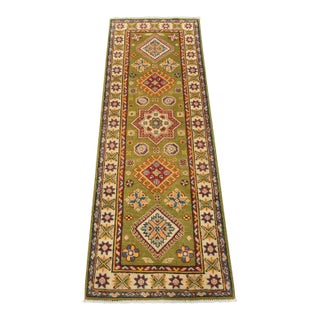 Kazak Runner 2’1” X 5’11” Green Wool Tribal Hand-Knotted Oriental Rug For Sale